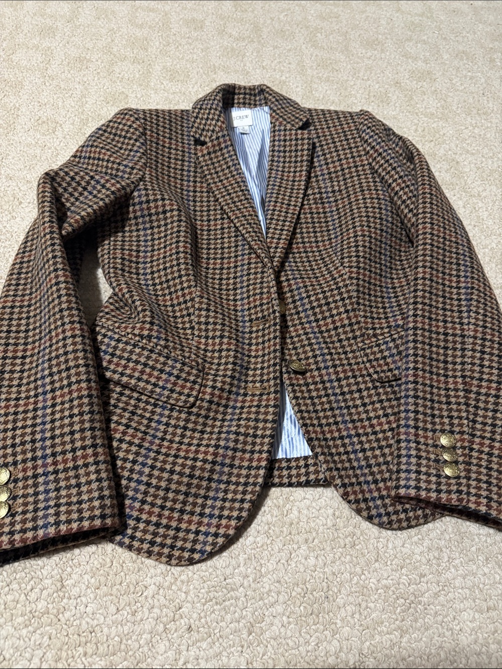 J. Crew Brown Houndstooth Wool Blazer with Subtle Navy & Rust Accents